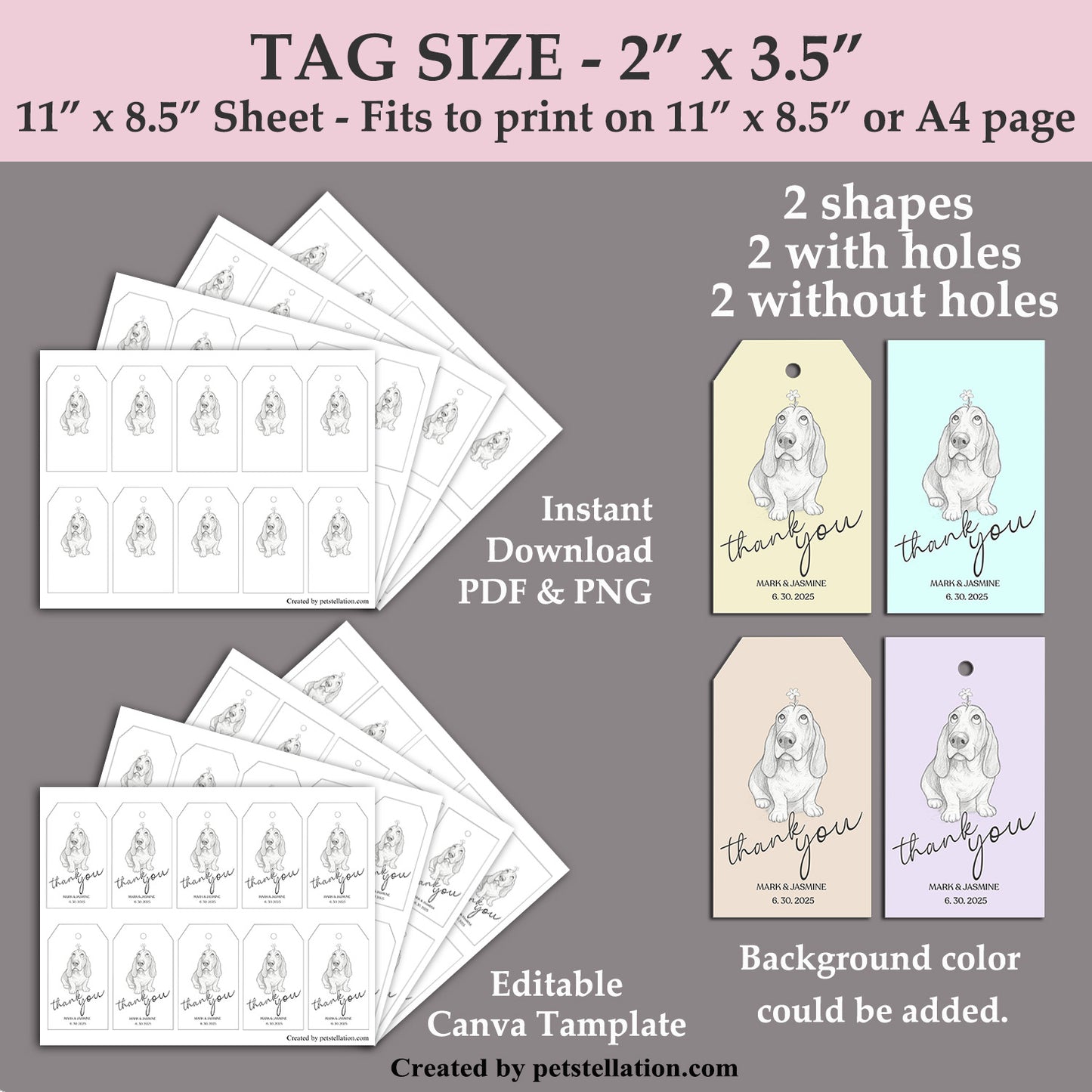 41E9 Minimalist Dog Thank You Tag | Editable Canva Gift Tag & Printable PDF | Funny Black and White Dog Party Label | Trapezoid & Rectangle Shapes