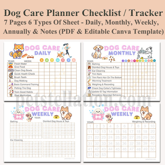 01D Ultimate Dog Care Planner - Daily, Weekly, Monthly & Yearly Schedule | PDF + Editable Canva Template | A4 & US Letter Sizes