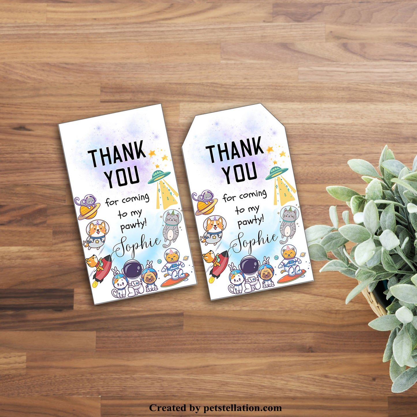 40C Editable Space Cat and Dog Thank You Tags – Astronaut Animal Gift Tags – Printable Canva Template