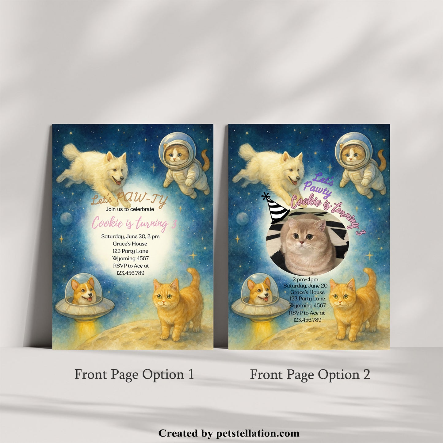 30C-2 Watercolor Galaxy Pet Party Invitation Card – Editable Canva Template with Corgi Spaceship, Cat Astronauts & Custom Photo Option