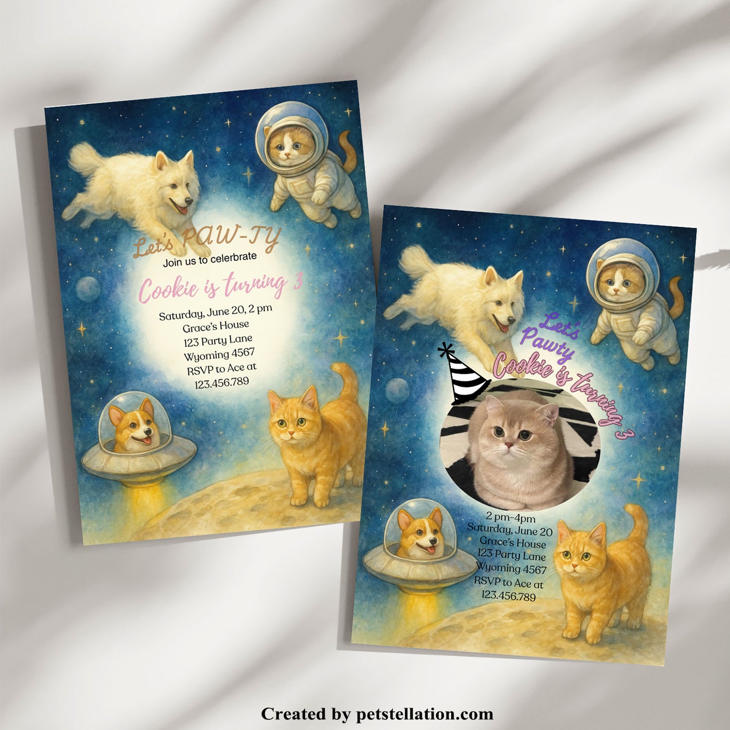 30C-2 Watercolor Galaxy Pet Party Invitation Card – Editable Canva Template with Corgi Spaceship, Cat Astronauts & Custom Photo Option