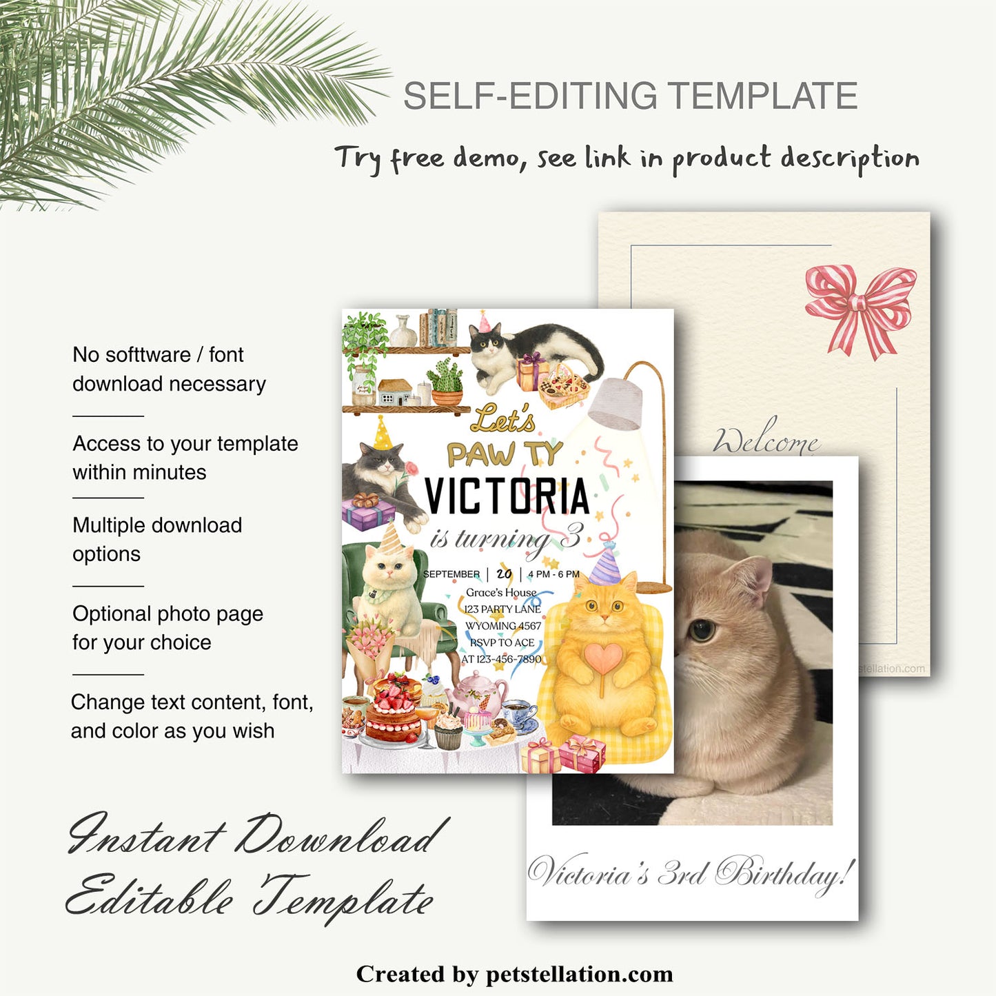 32A4 Whimsical Cat Party Invitation Canva Template – Editable Pet Celebration Invite with Photo Option