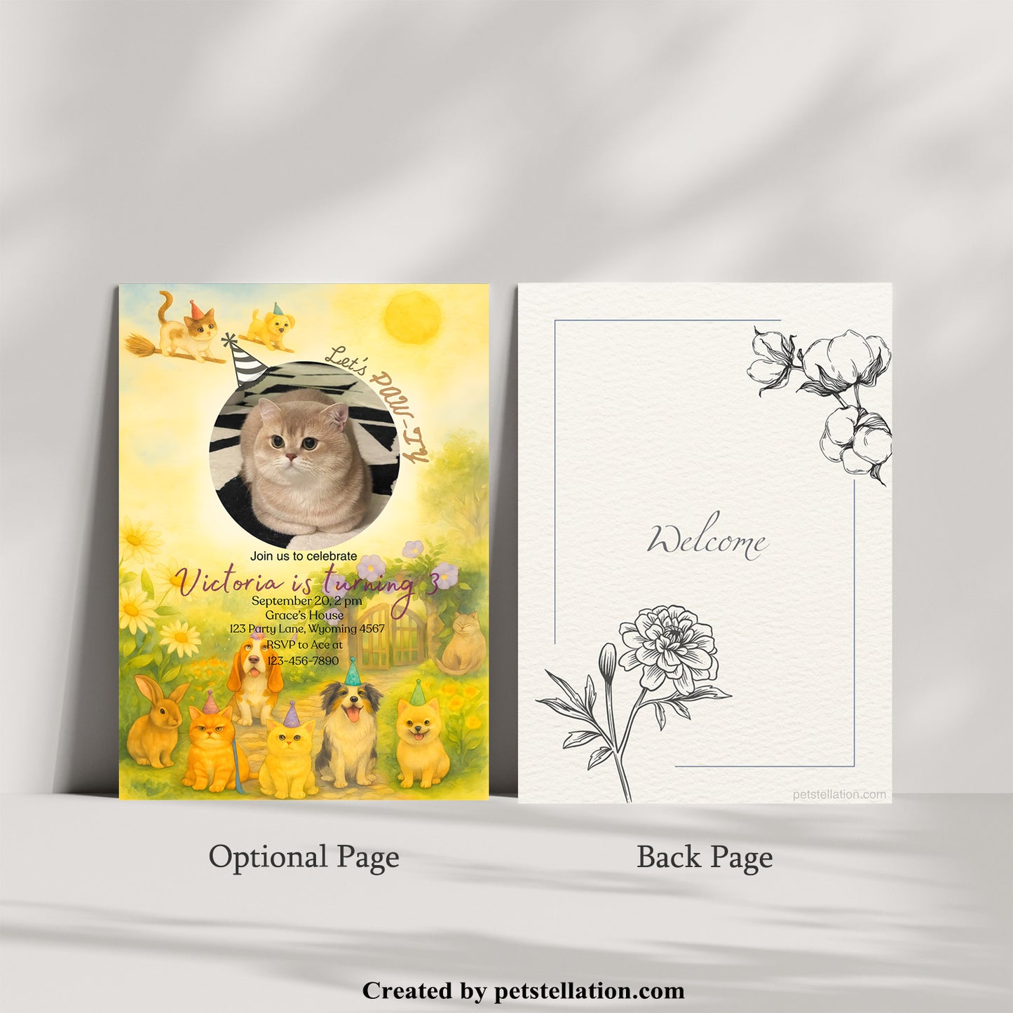36A9-1 Lush Garden Birthday Card with Cat & Dog on Broomstick – Whimsical Canva Template for Pet Lovers