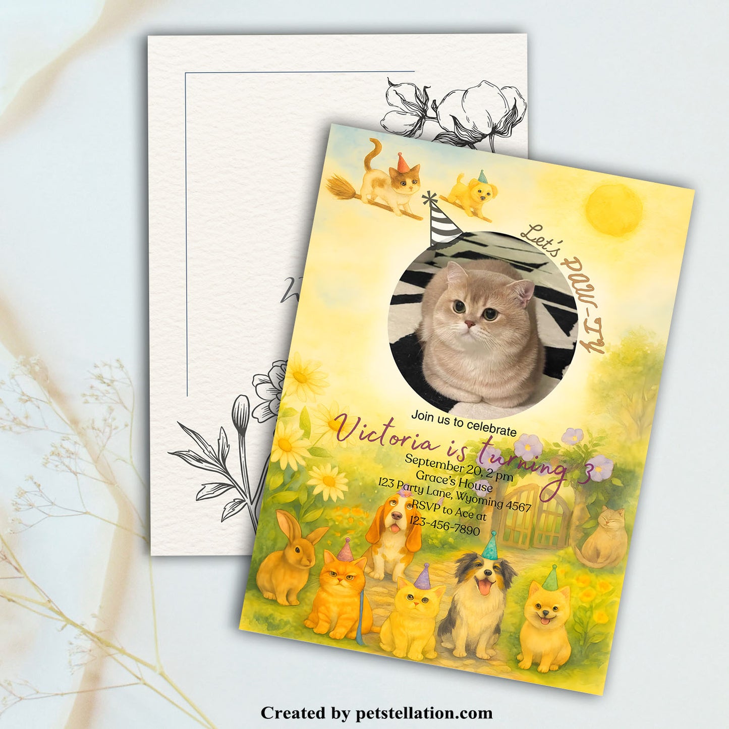 36A9-1 Lush Garden Birthday Card with Cat & Dog on Broomstick – Whimsical Canva Template for Pet Lovers