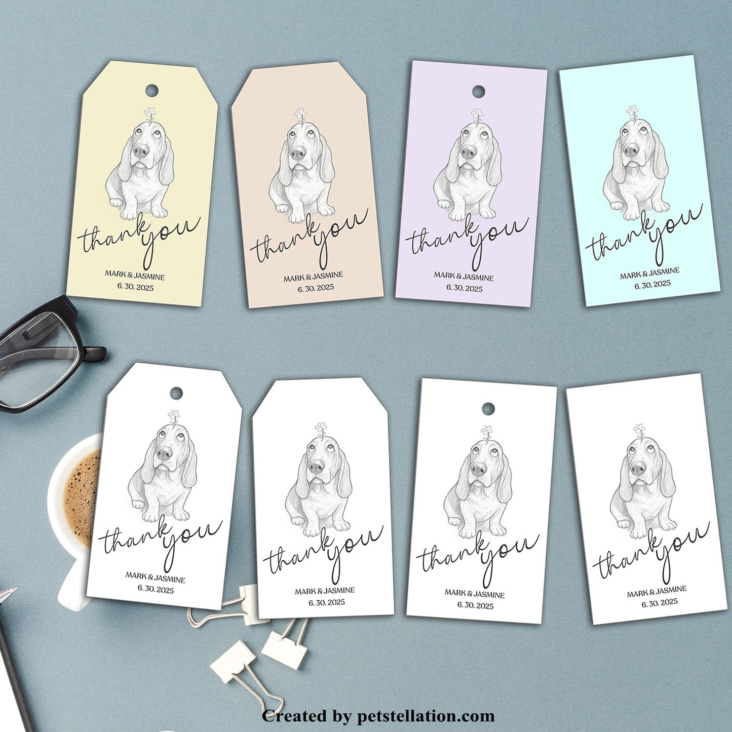 41E9 Minimalist Dog Thank You Tag | Editable Canva Gift Tag & Printable PDF | Funny Black and White Dog Party Label | Trapezoid & Rectangle Shapes