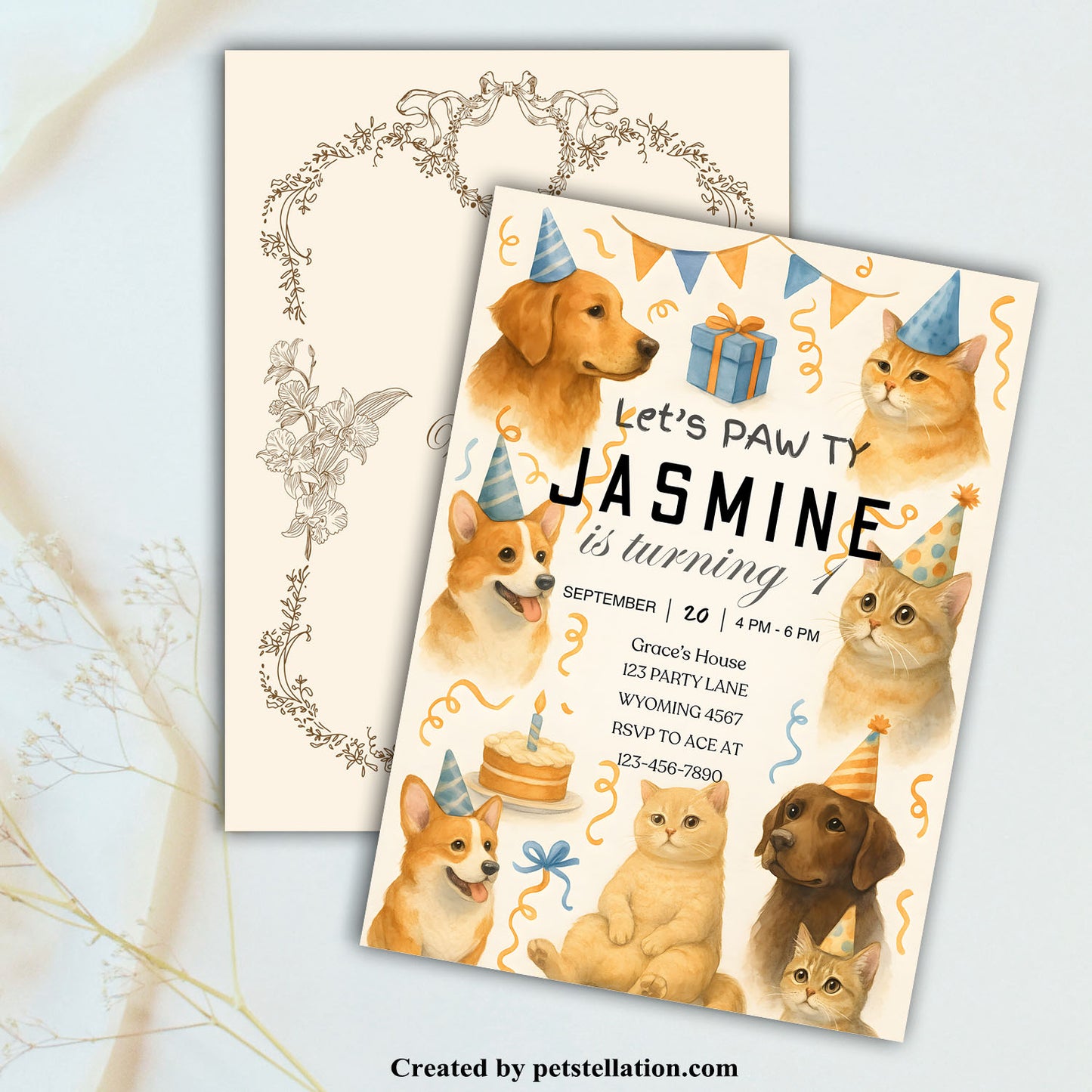 30A5 Pet Birthday Party Invitation Template for Canva – Editable 5x7" Card for Dogs and Cats