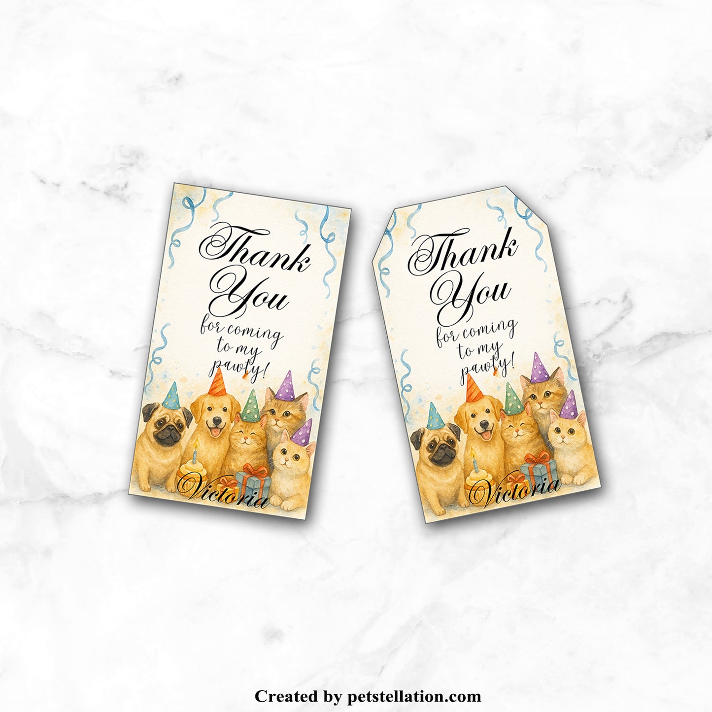 40A9 Editable Pet Thank You Tag Template – Dog & Cat Party Label for Canva – Trapezoid & Rectangle Shape