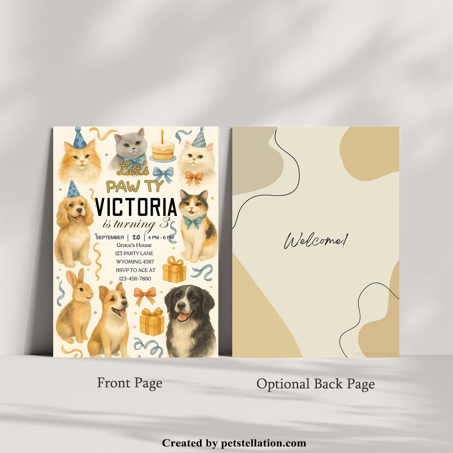 36A9 Elegant Pet Birthday Invitation Template – British Style 5x7" Canva Card with Photo Insert & Optional Back Cover