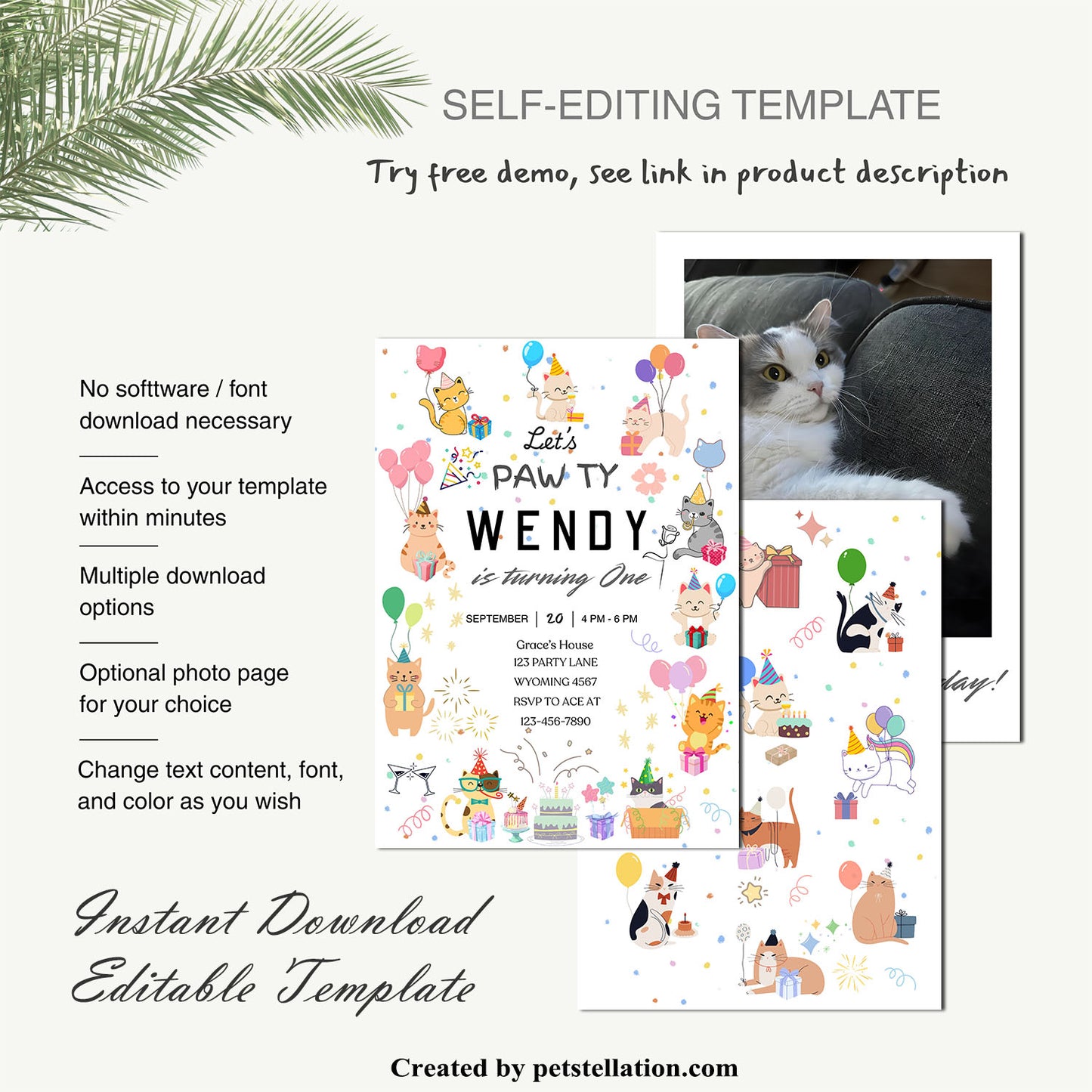 32D Editable Cat Birthday Invitation Template – Cute Cartoon Cats Canva Design | Pet Adoption Anniversary Party Card