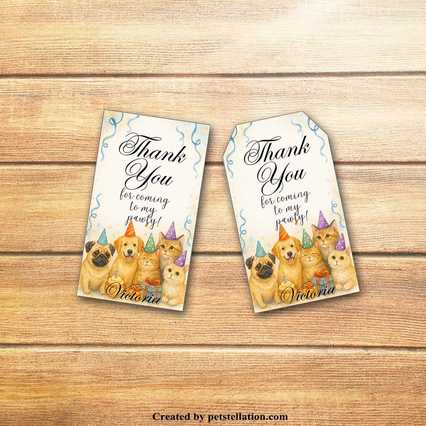 40A9 Editable Pet Thank You Tag Template – Dog & Cat Party Label for Canva – Trapezoid & Rectangle Shape