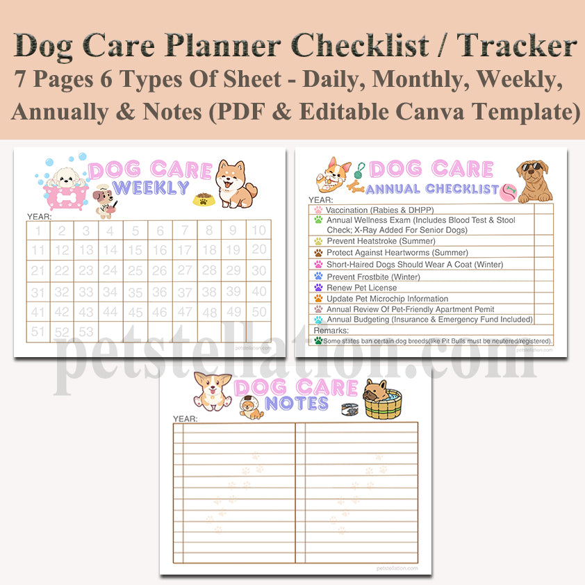 01D Ultimate Dog Care Planner - Daily, Weekly, Monthly & Yearly Schedule | PDF + Editable Canva Template | A4 & US Letter Sizes