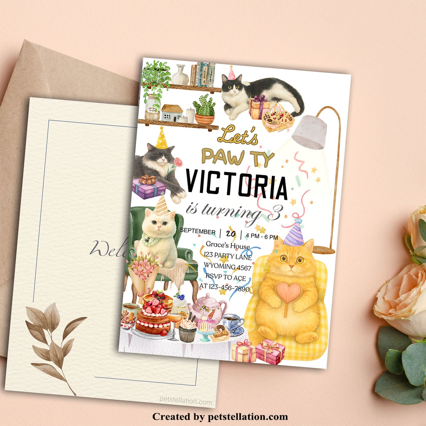 32A4 Whimsical Cat Party Invitation Canva Template – Editable Pet Celebration Invite with Photo Option