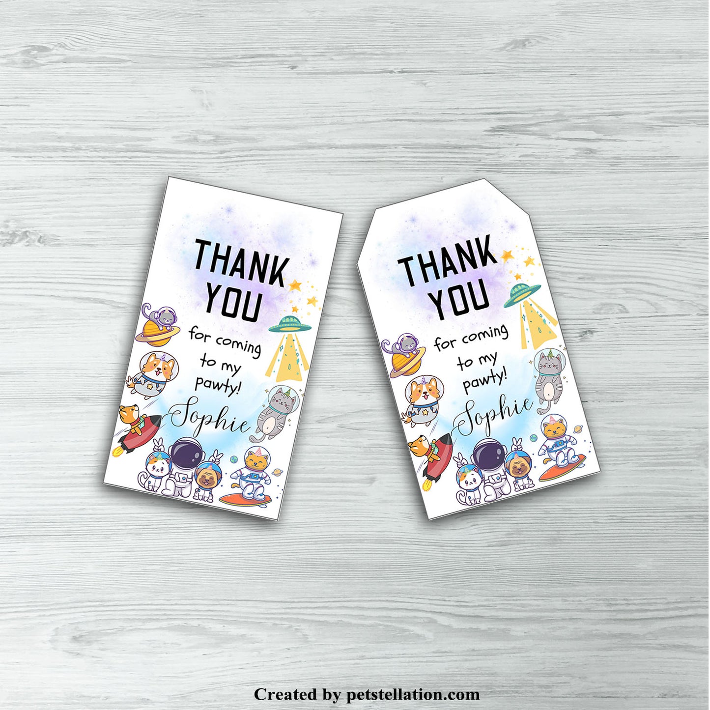 40C Editable Space Cat and Dog Thank You Tags – Astronaut Animal Gift Tags – Printable Canva Template
