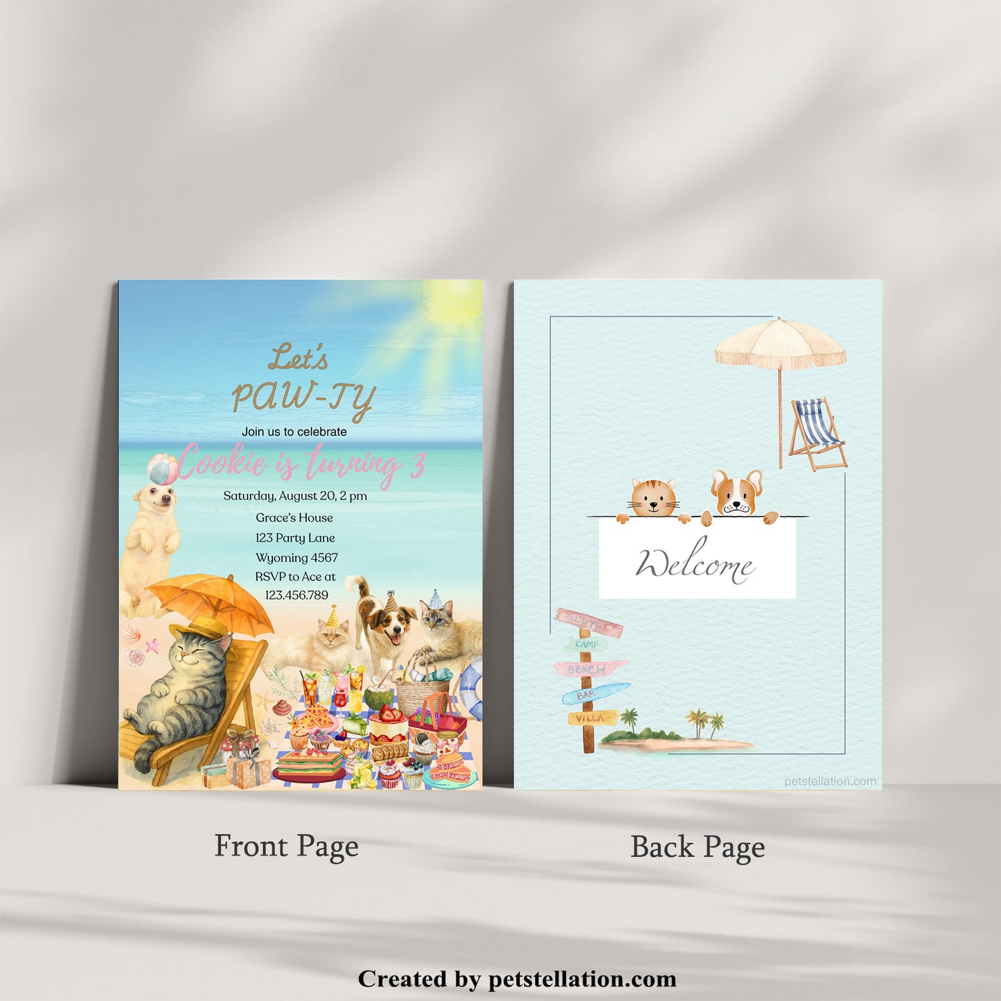 30A2 Whimsical Beach Party Invitation Card – Editable Canva Template with Cats & Dogs, Photo & Text Options