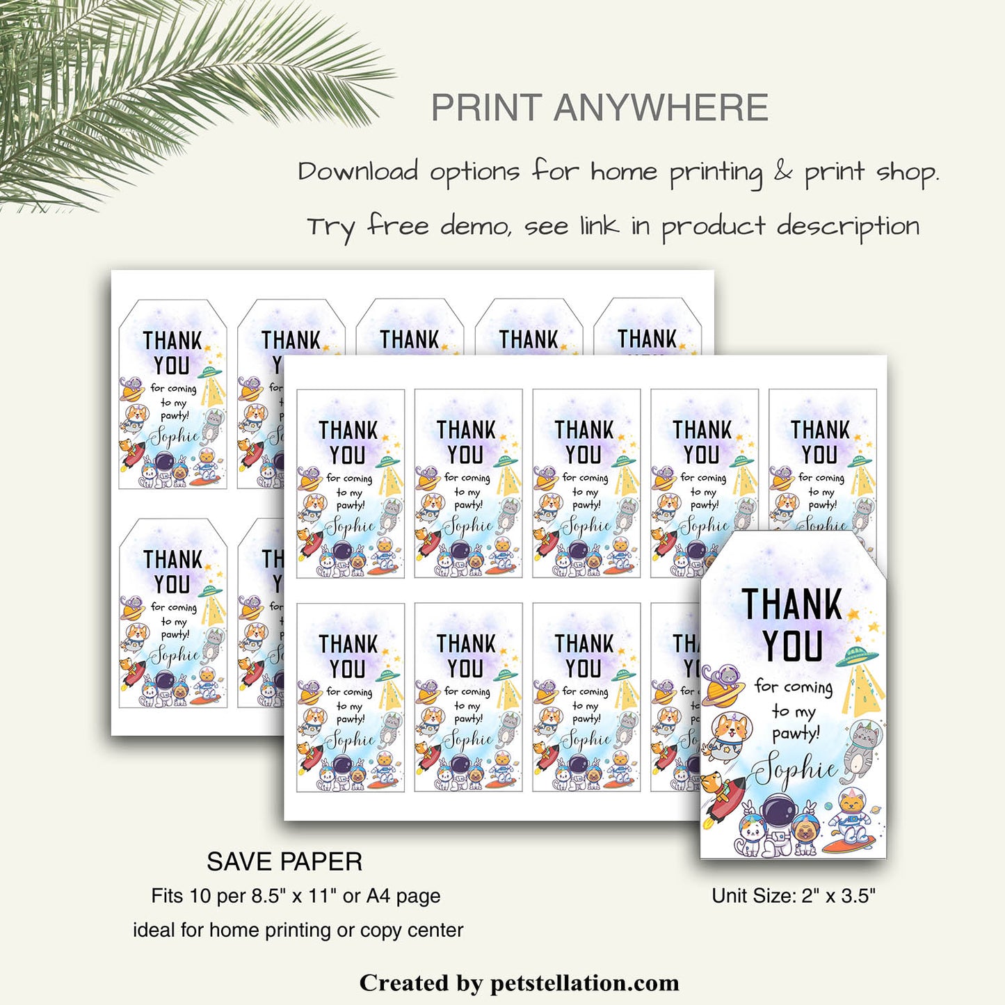 40C Editable Space Cat and Dog Thank You Tags – Astronaut Animal Gift Tags – Printable Canva Template