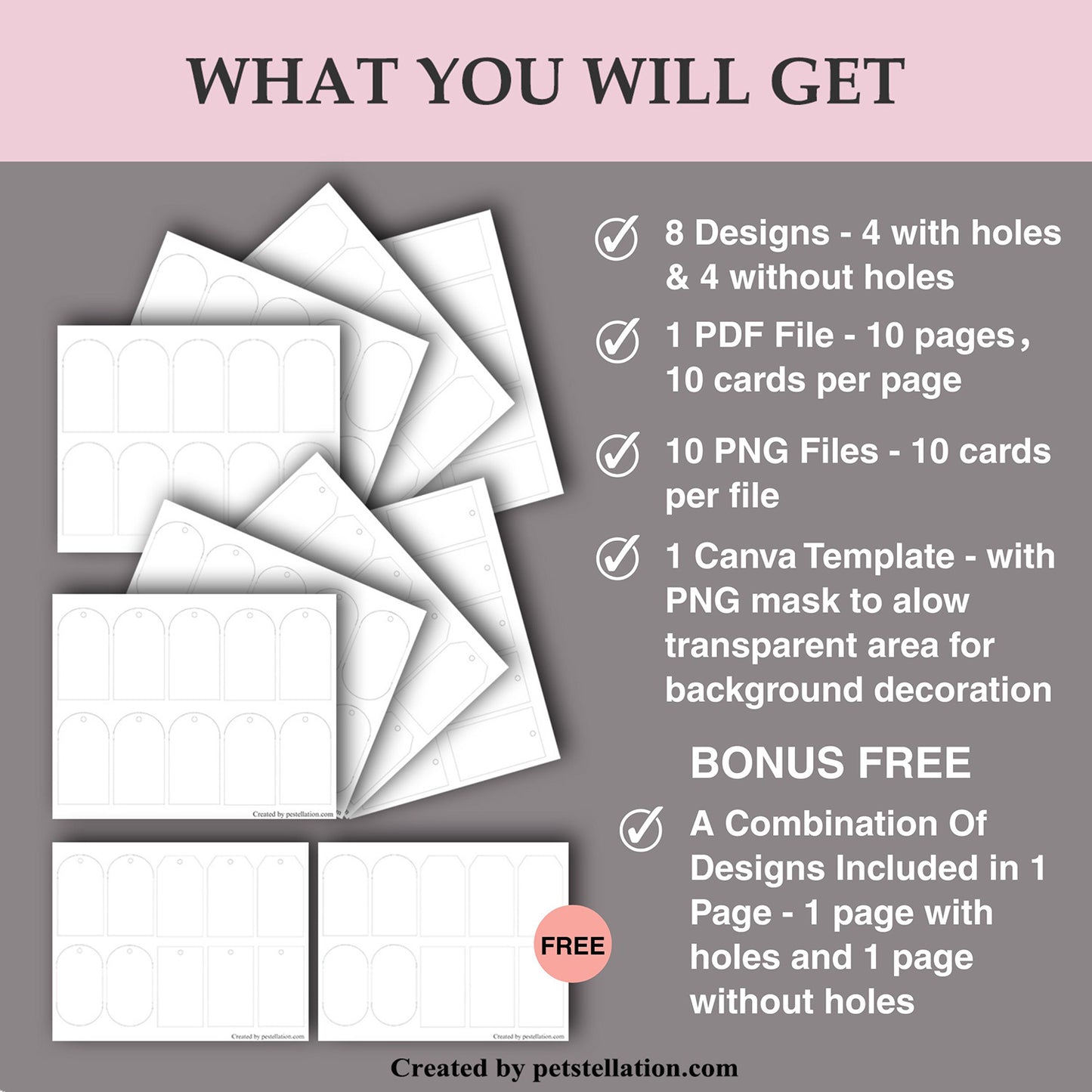 46E Printable Canva Blank Tag Templates | 10 Pages of Blank PNG / PDF Label Sheets – Oval, Semi-Circle, Rectangle & Trapezoid (With & Without Holes)
