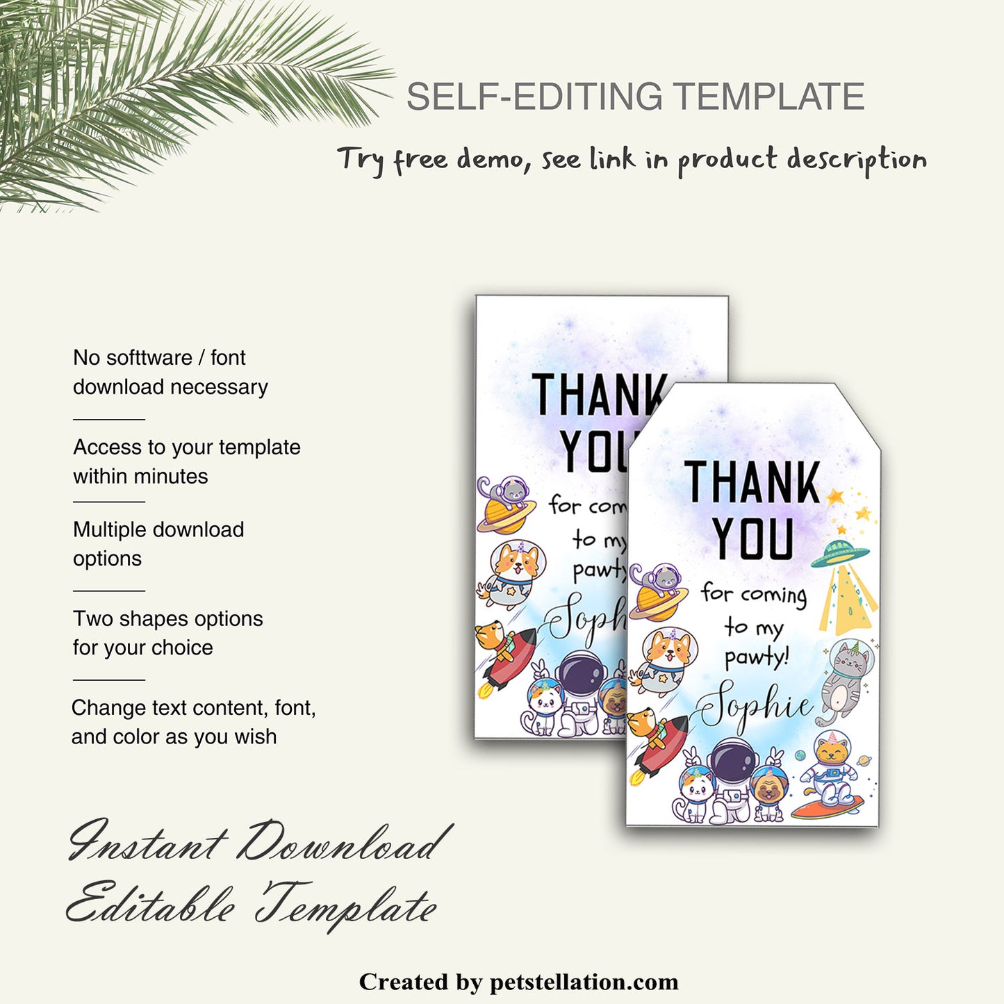 40C Editable Space Cat and Dog Thank You Tags – Astronaut Animal Gift Tags – Printable Canva Template