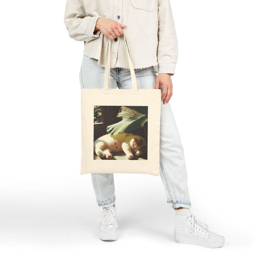 72B3 Lazy Cat Summer Tote Bag – Lotus Leaf Illustration on Heavy Cotton Canvas
