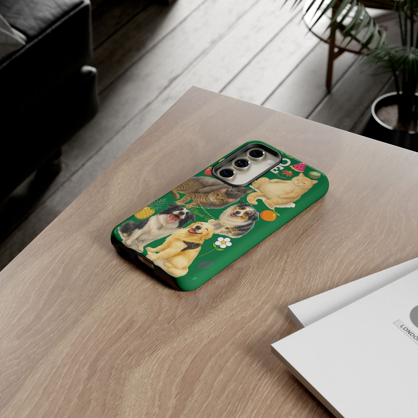 60A-10 Dog and Cat Printed Dual-Layer Phone Case In Dark Green – Glossy or Matte Finish – iPhone & Android Compatible