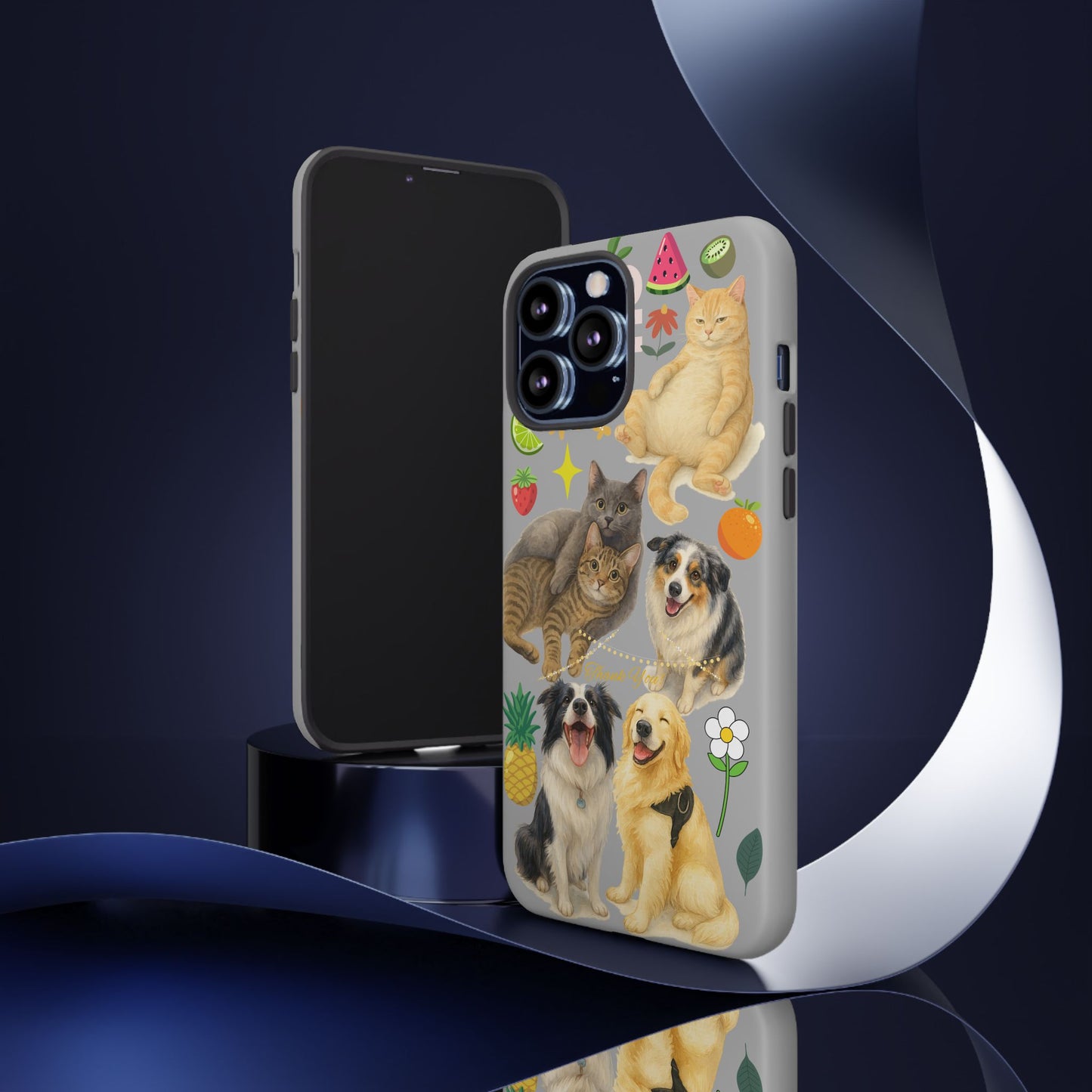 60A-6 Dog and Cat Printed Dual-Layer Phone Case In Light Grey – Glossy or Matte Finish – iPhone & Android Compatible