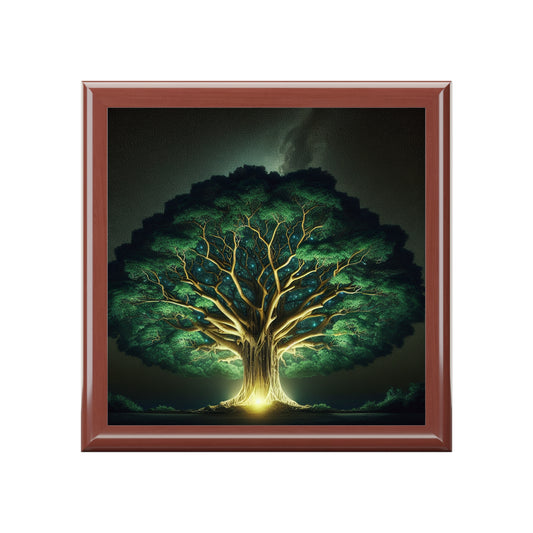 83B1 Tree of Life Jewelry Box – Rubberwood with Glossy Ceramic Tile Lid and Felt Lining