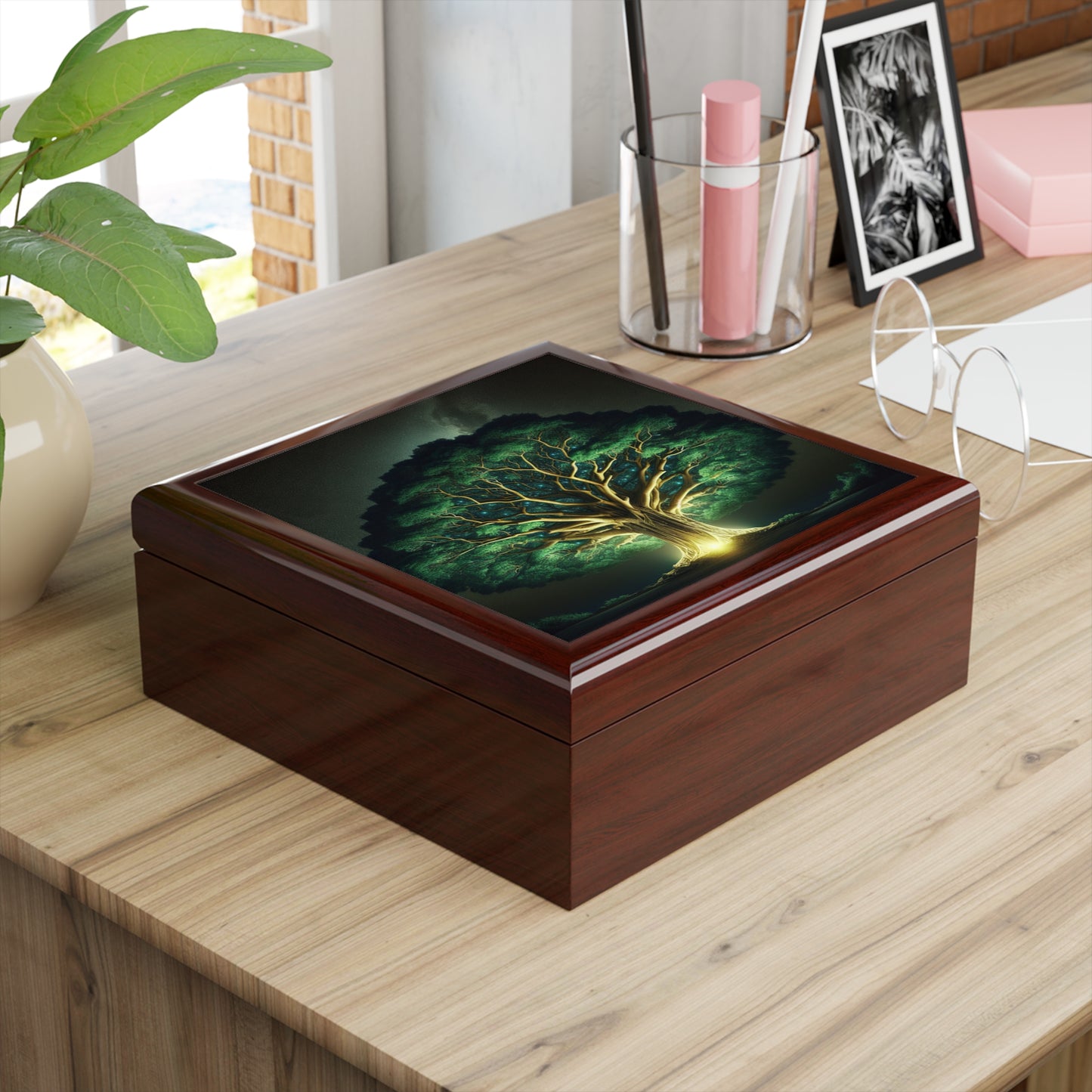 83B1 Tree of Life Jewelry Box – Rubberwood with Glossy Ceramic Tile Lid and Felt Lining