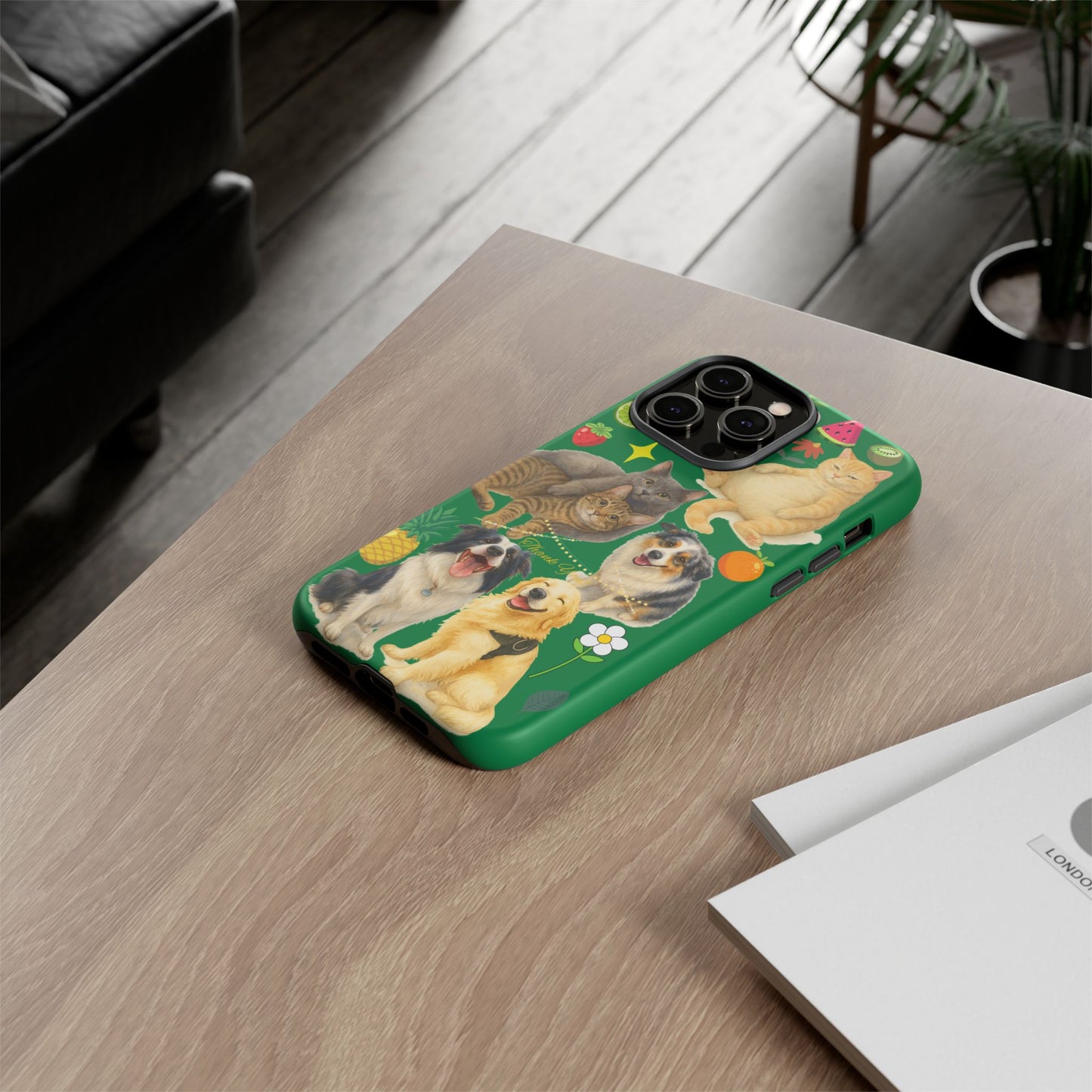 60A-10 Dog and Cat Printed Dual-Layer Phone Case In Dark Green – Glossy or Matte Finish – iPhone & Android Compatible