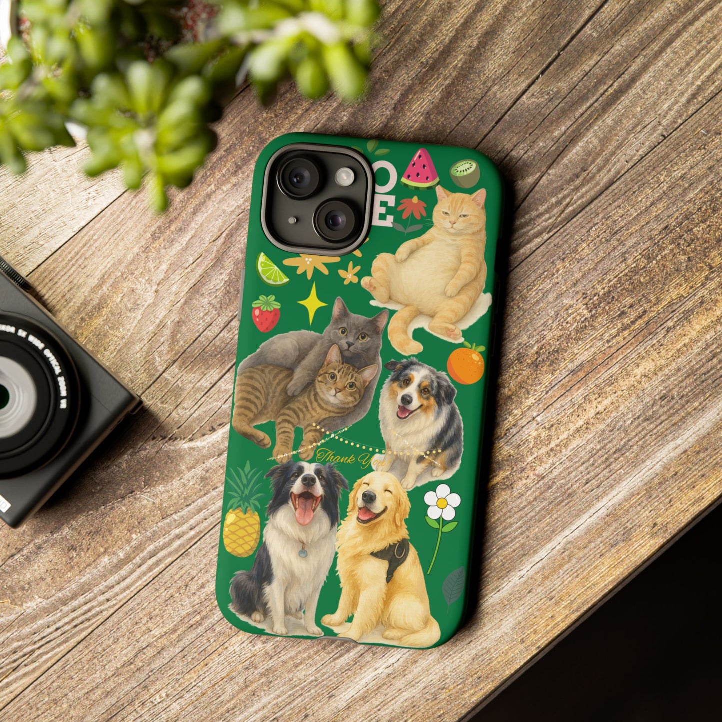 60A-10 Dog and Cat Printed Dual-Layer Phone Case In Dark Green – Glossy or Matte Finish – iPhone & Android Compatible