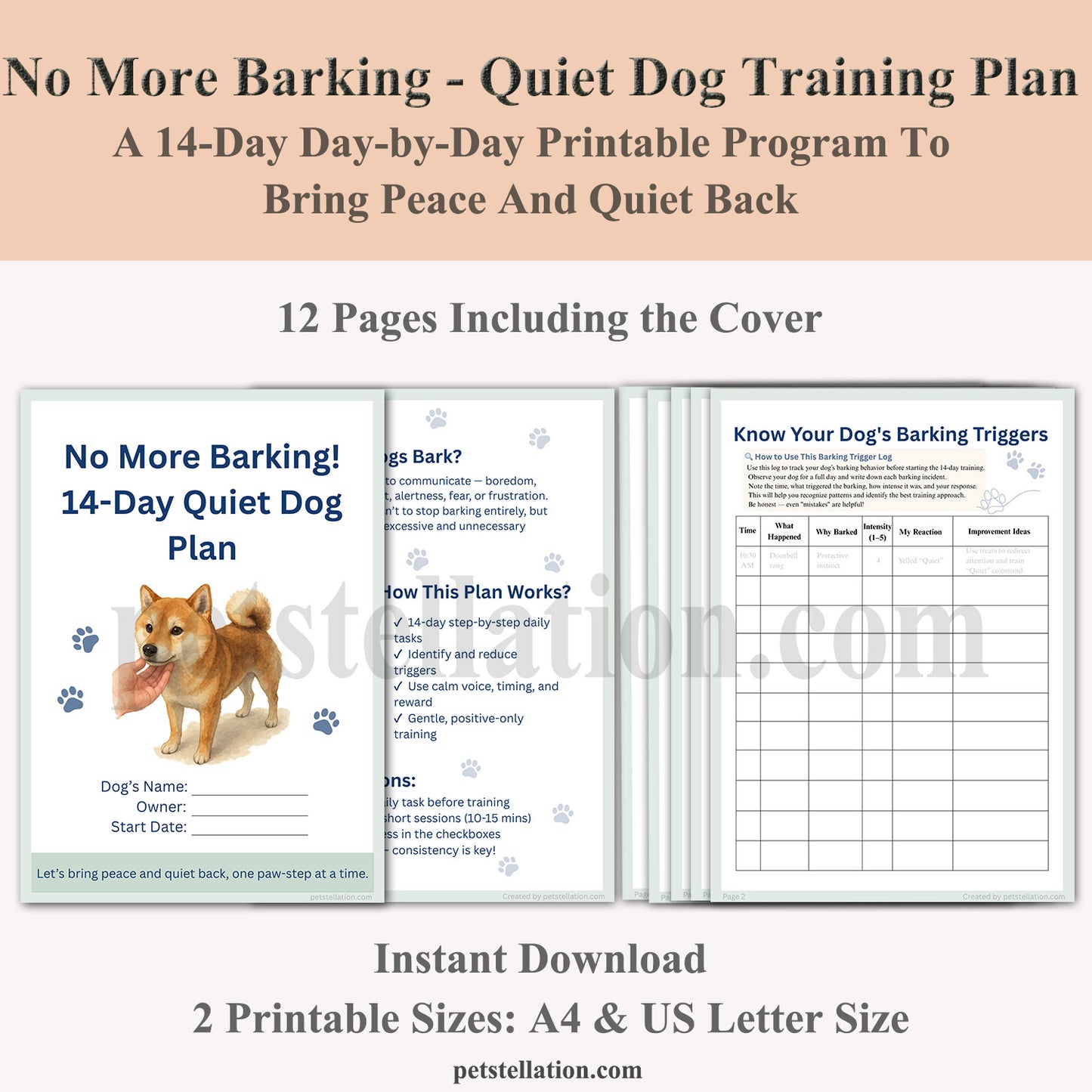 01F6-1 No More Barking! 14-Day Dog Barking Training Plan (Printable PDF, A4 & US Letter)
