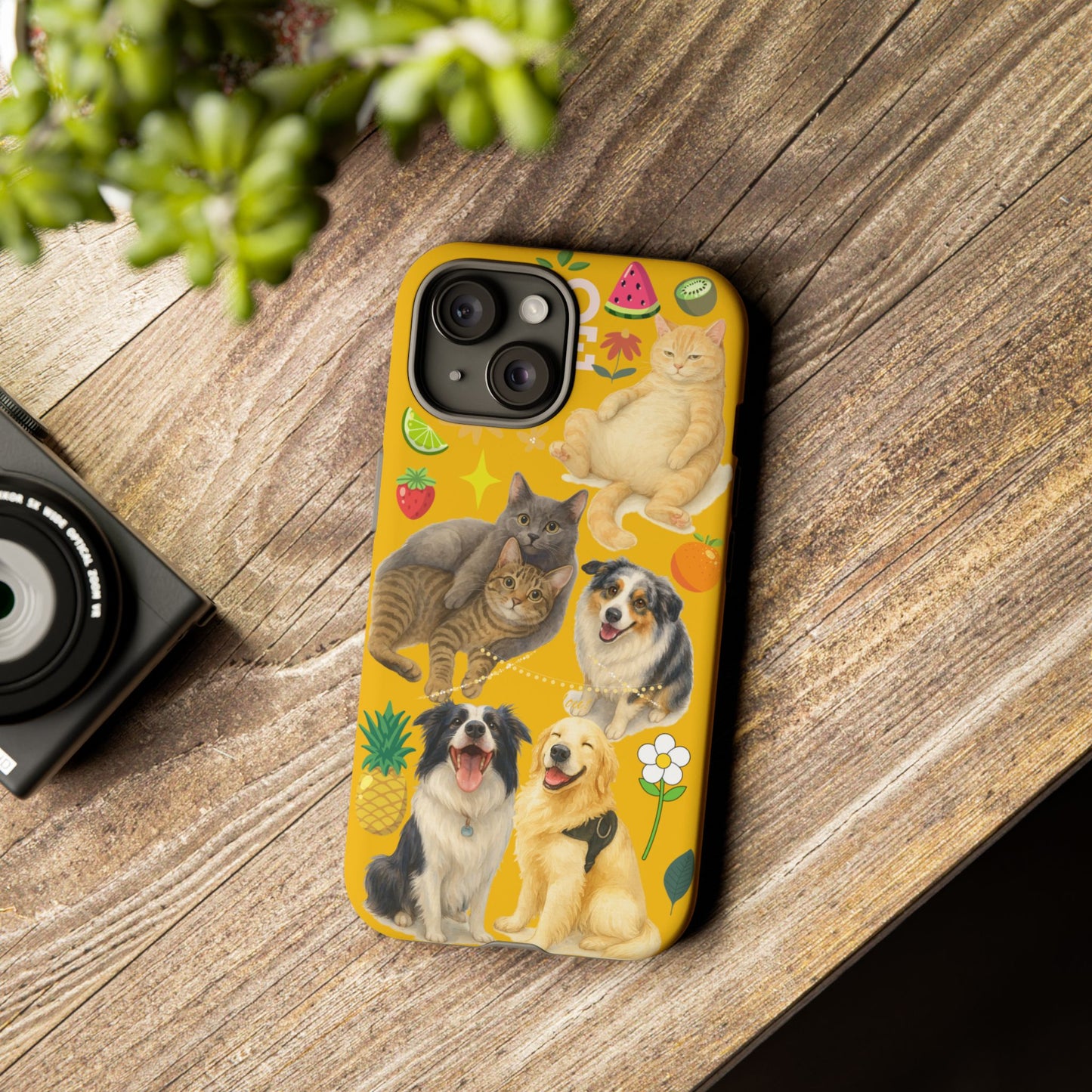 60A-5 Dog and Cat Printed Dual-Layer Phone Case In Yellow – Glossy or Matte Finish – iPhone & Android Compatible