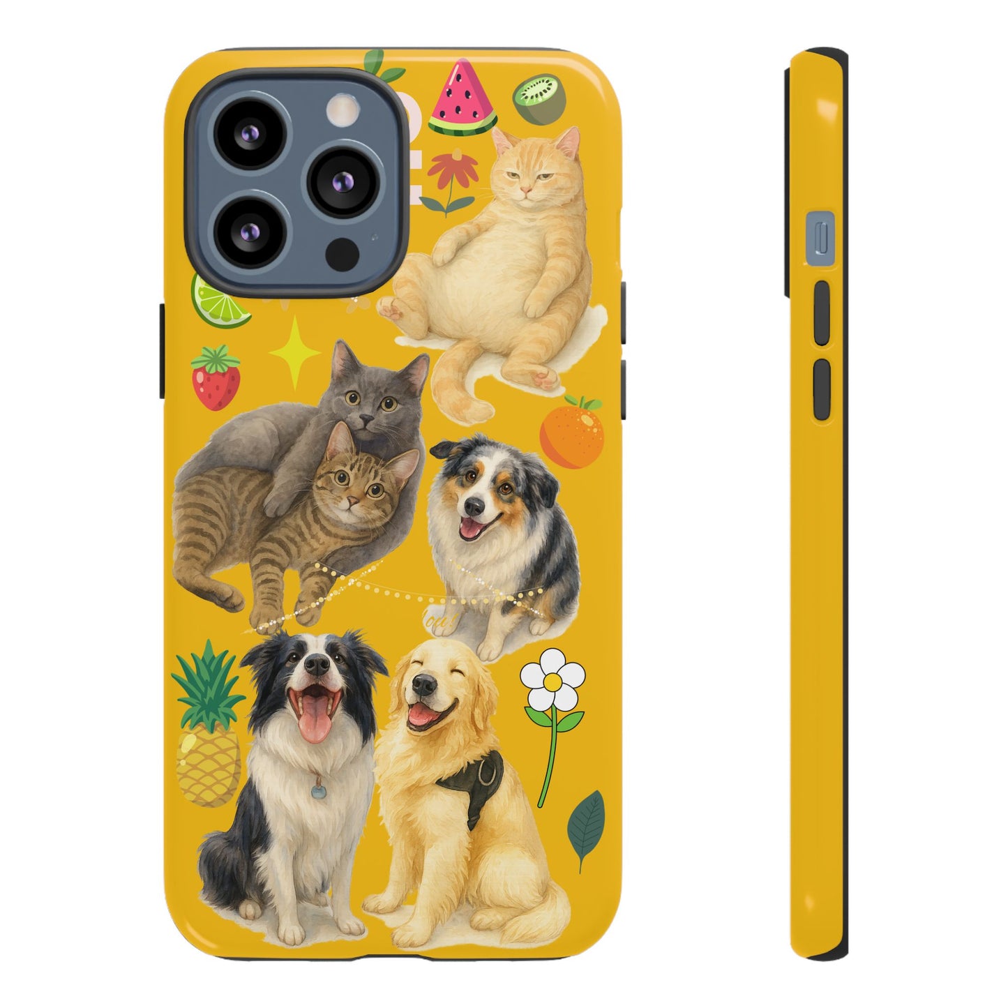 60A-5 Dog and Cat Printed Dual-Layer Phone Case In Yellow – Glossy or Matte Finish – iPhone & Android Compatible