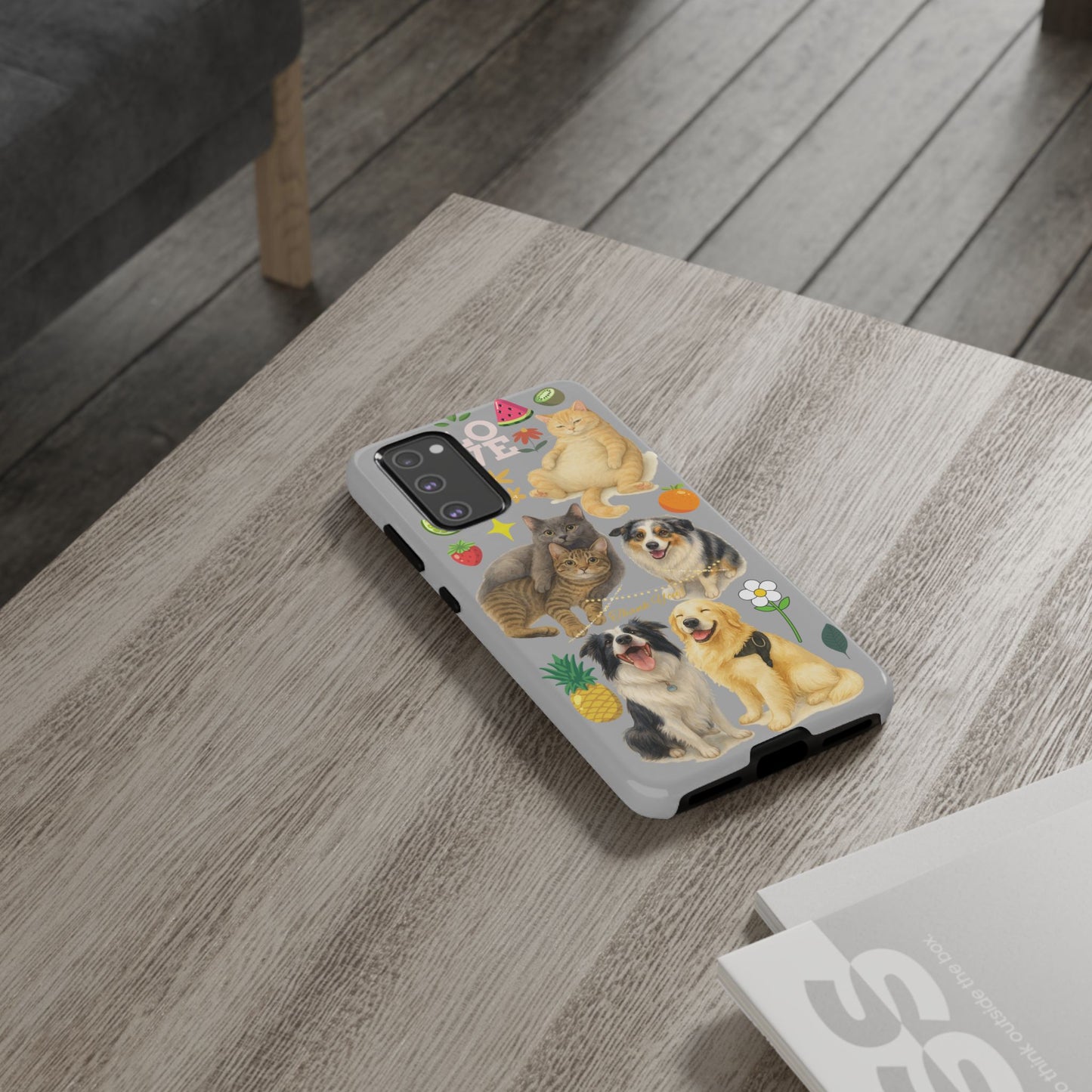 60A-6 Dog and Cat Printed Dual-Layer Phone Case In Light Grey – Glossy or Matte Finish – iPhone & Android Compatible