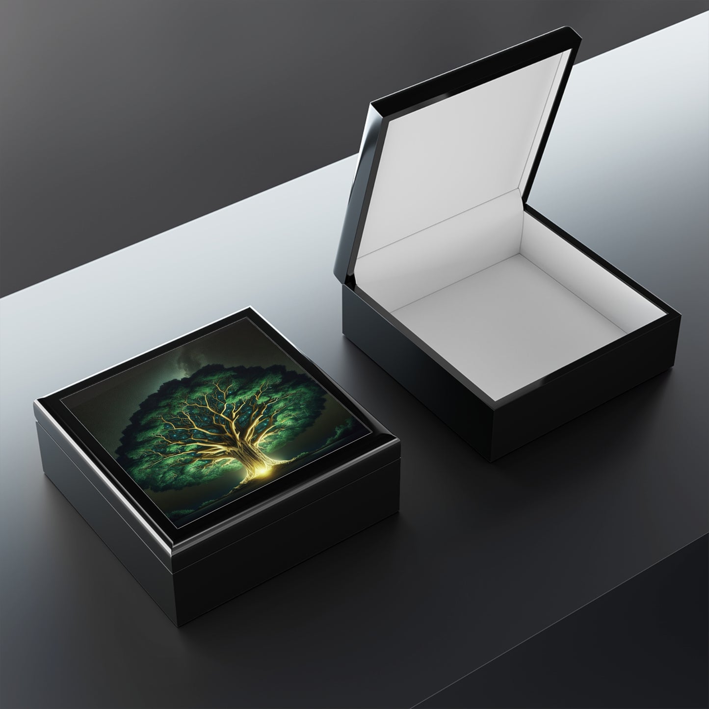 83B1 Tree of Life Jewelry Box – Rubberwood with Glossy Ceramic Tile Lid and Felt Lining