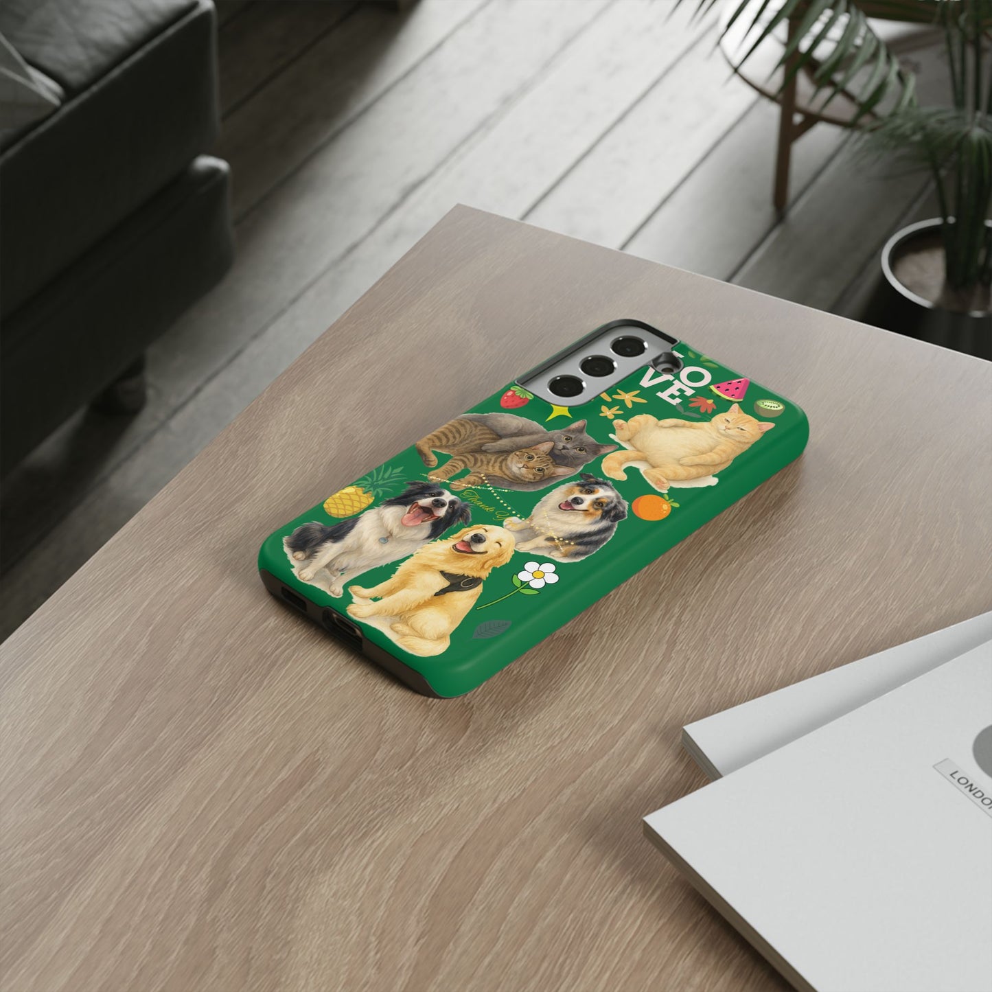 60A-10 Dog and Cat Printed Dual-Layer Phone Case In Dark Green – Glossy or Matte Finish – iPhone & Android Compatible