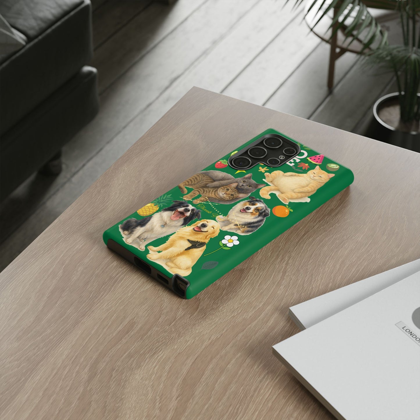 60A-10 Dog and Cat Printed Dual-Layer Phone Case In Dark Green – Glossy or Matte Finish – iPhone & Android Compatible