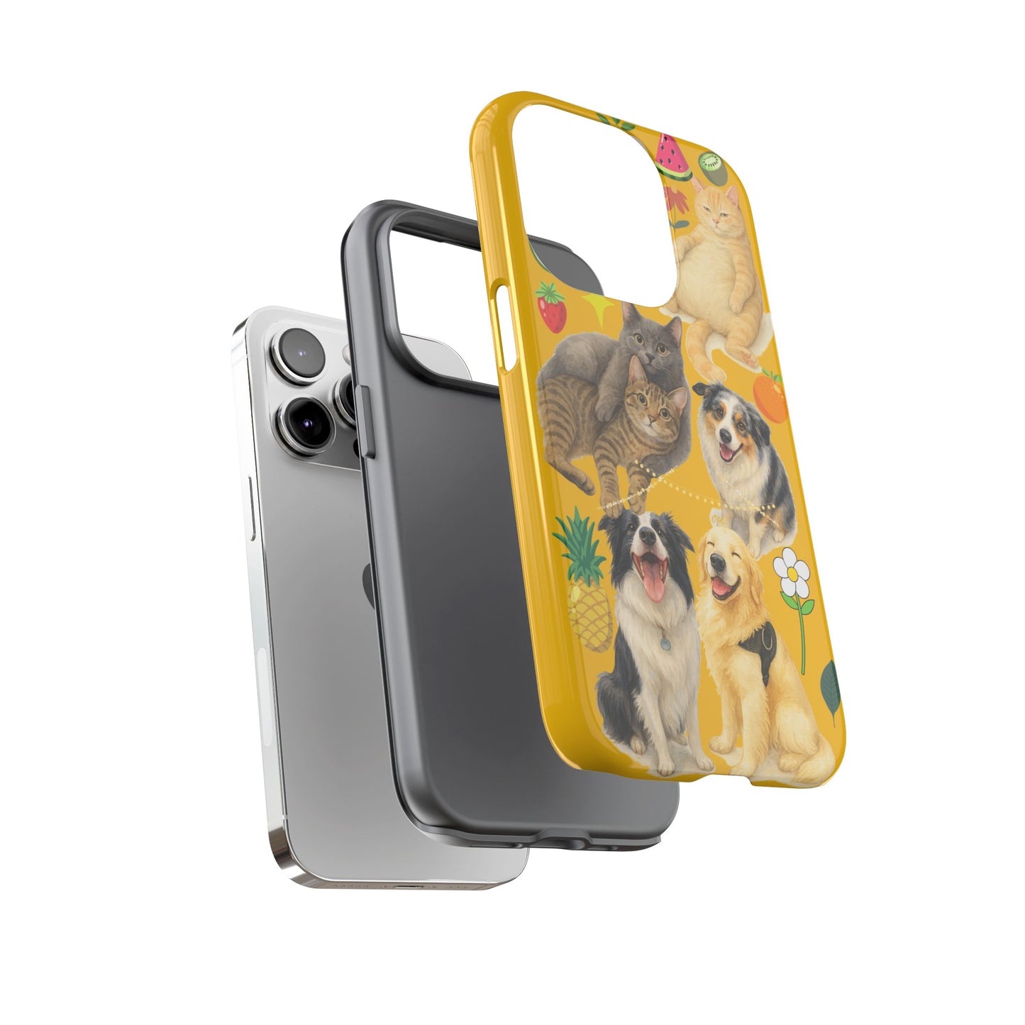 60A-5 Dog and Cat Printed Dual-Layer Phone Case In Yellow – Glossy or Matte Finish – iPhone & Android Compatible