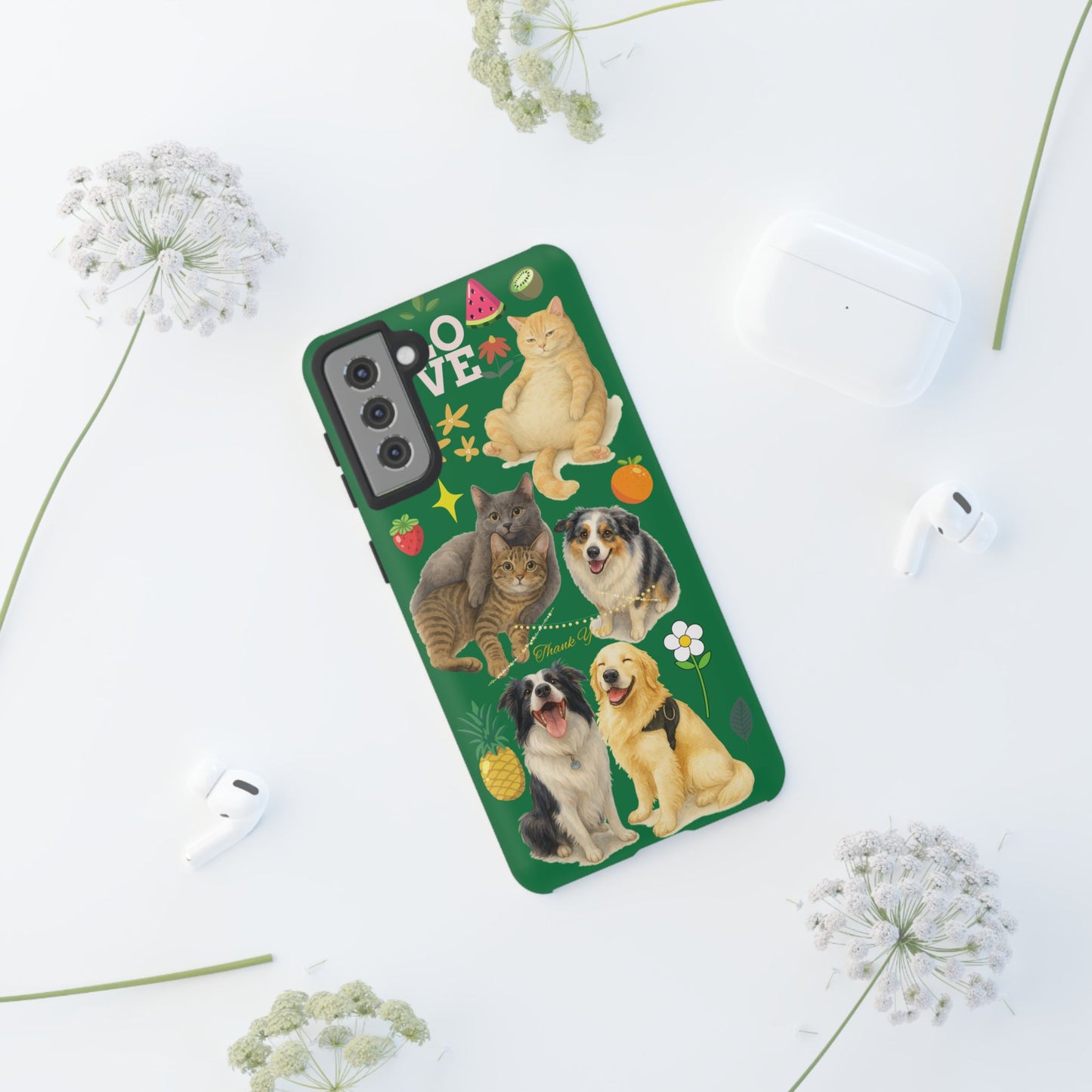 60A-10 Dog and Cat Printed Dual-Layer Phone Case In Dark Green – Glossy or Matte Finish – iPhone & Android Compatible