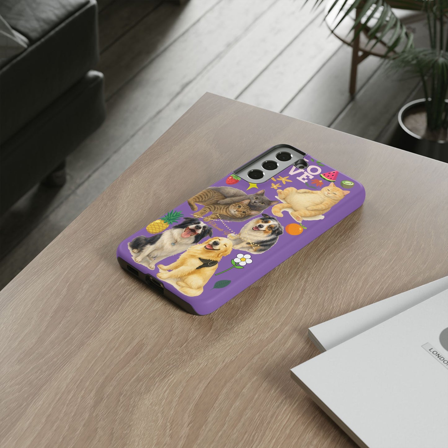 60A-4 Dog and Cat Printed Dual-Layer Phone Case In Purple – Glossy or Matte Finish – iPhone & Android Compatible
