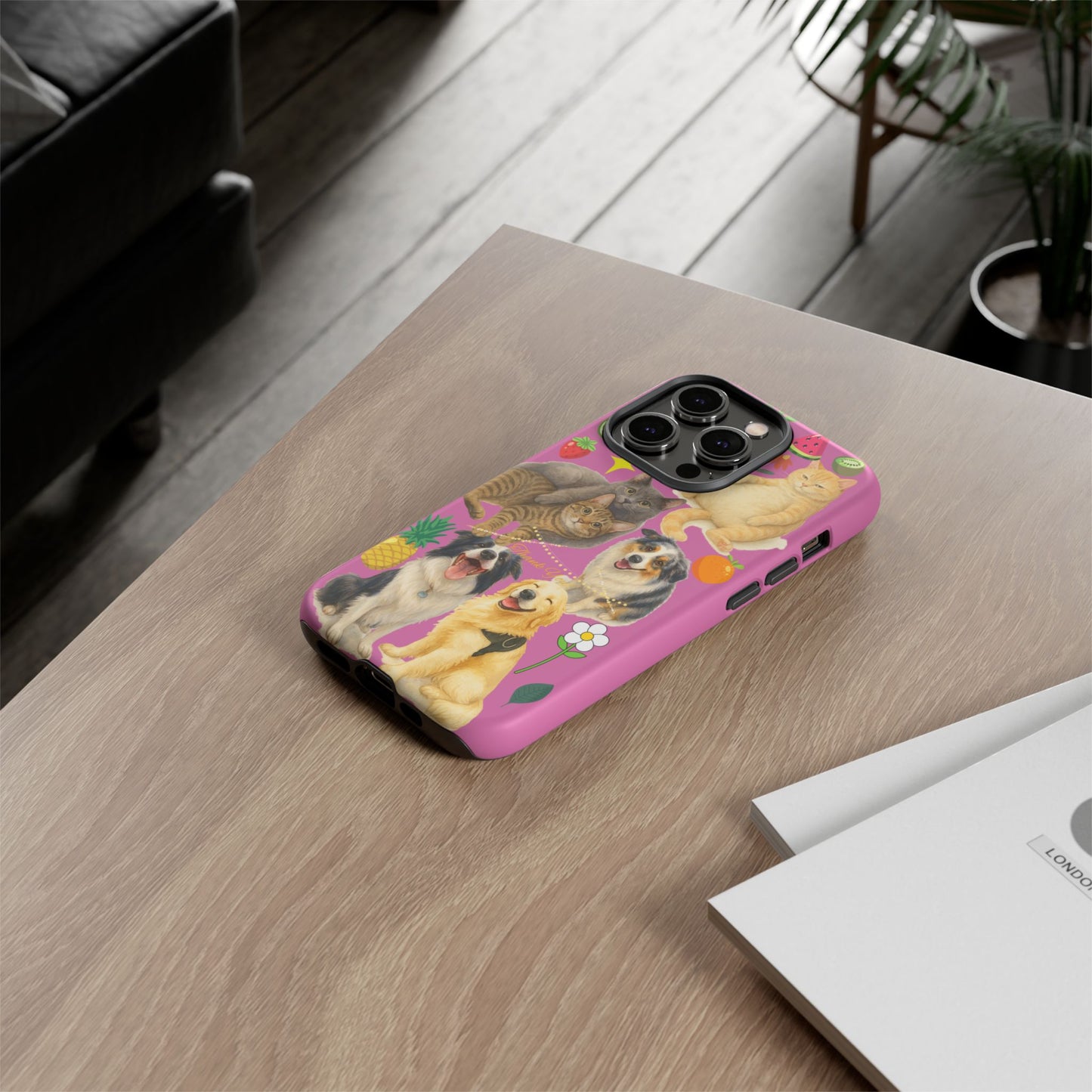 60A-2 Dog and Cat Printed Dual-Layer Phone Case In Pink – Glossy or Matte Finish – iPhone & Android Compatible