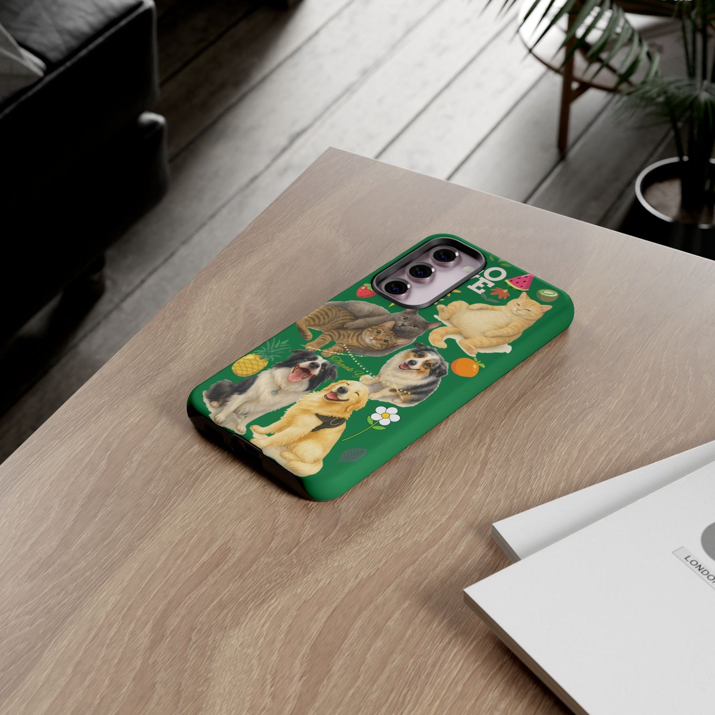 60A-10 Dog and Cat Printed Dual-Layer Phone Case In Dark Green – Glossy or Matte Finish – iPhone & Android Compatible