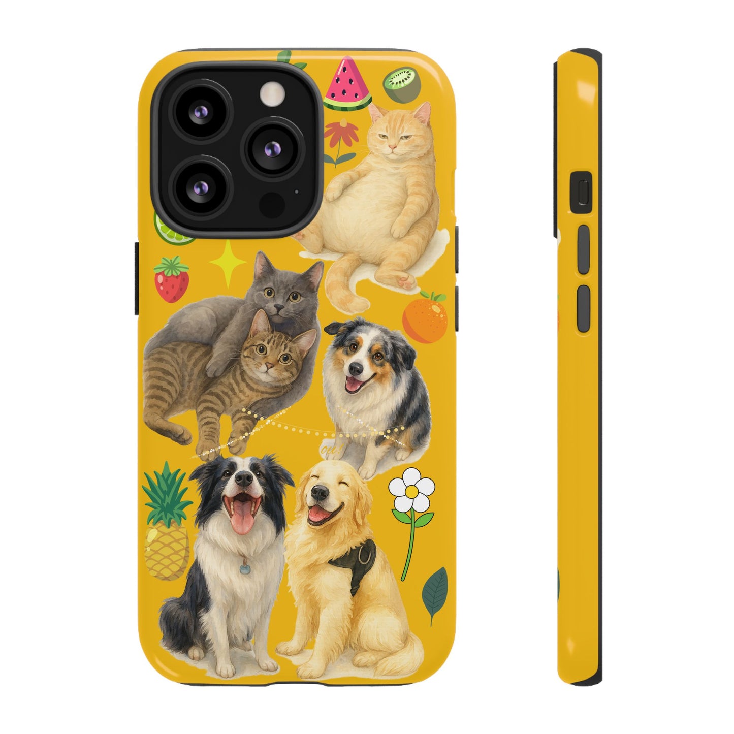 60A-5 Dog and Cat Printed Dual-Layer Phone Case In Yellow – Glossy or Matte Finish – iPhone & Android Compatible