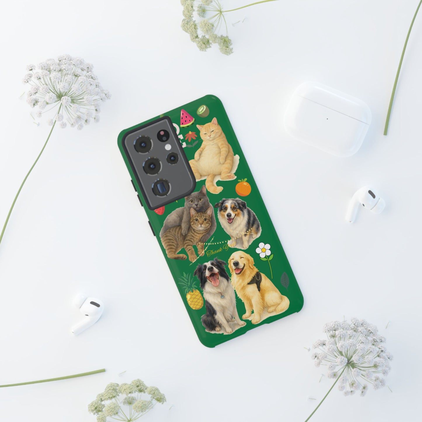 60A-10 Dog and Cat Printed Dual-Layer Phone Case In Dark Green – Glossy or Matte Finish – iPhone & Android Compatible