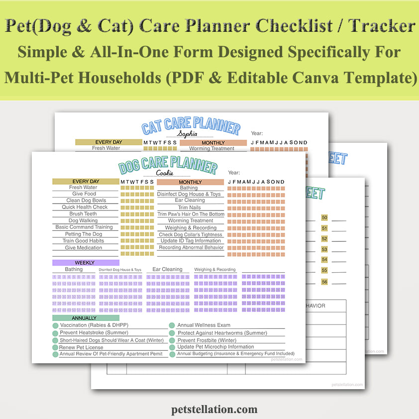 00E Multi-Pet Care Planner & Checklist | Printable PDF & Editable Canva Template | Dog & Cat Daily, Weekly, Monthly, Yearly Pet Tracker