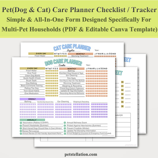 00E Multi-Pet Care Planner & Checklist | Printable PDF & Editable Canva Template | Dog & Cat Daily, Weekly, Monthly, Yearly Pet Tracker