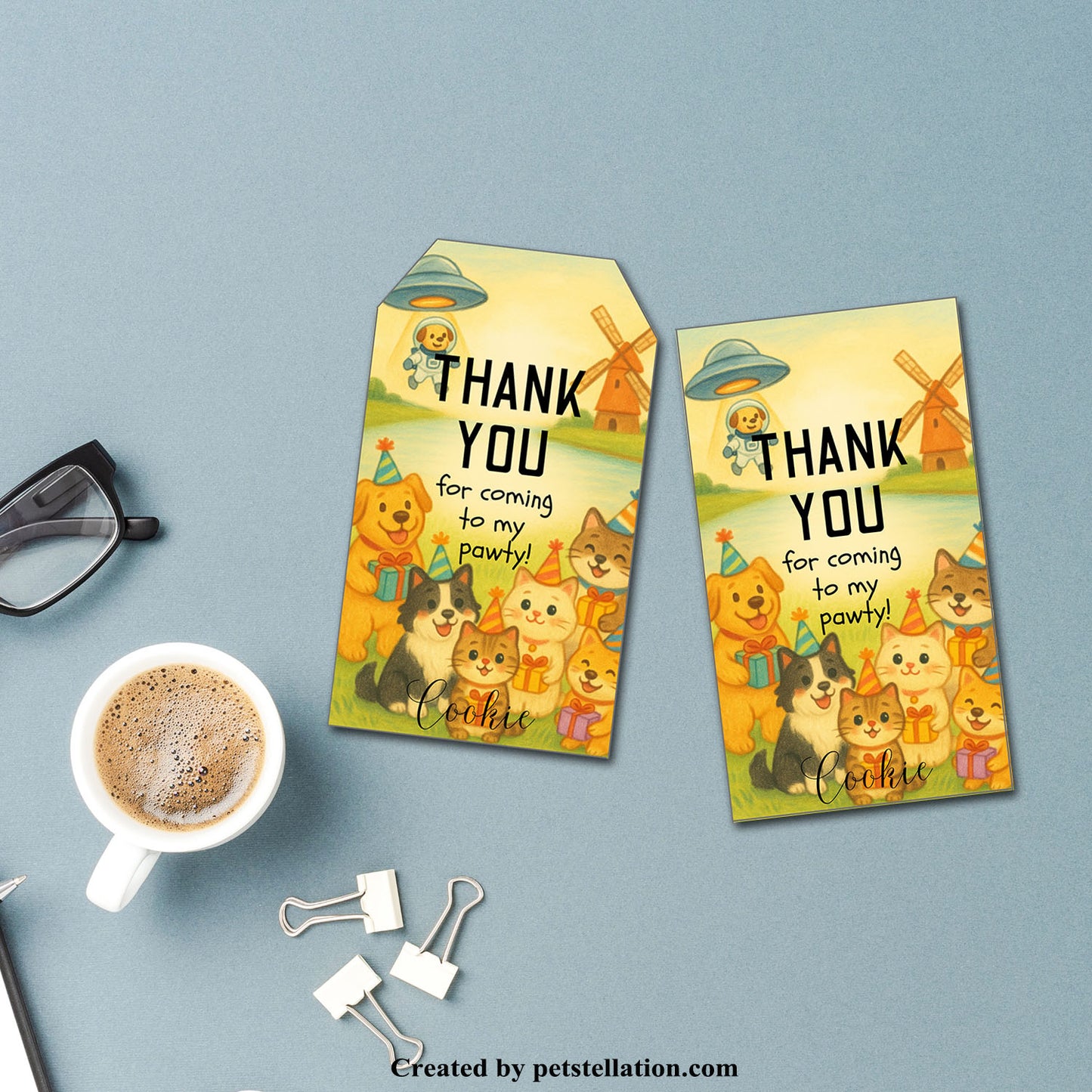 40G Editable Pet Party Thank You Tags | Crayon Style Dog & Cat Gift Tags | Canva Template – 2 Shapes