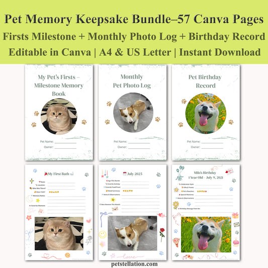 00D6 Pet Memory Keepsake Bundle – Editable Canva Templates for Milestones, Monthly Photo Log & Birthday Records