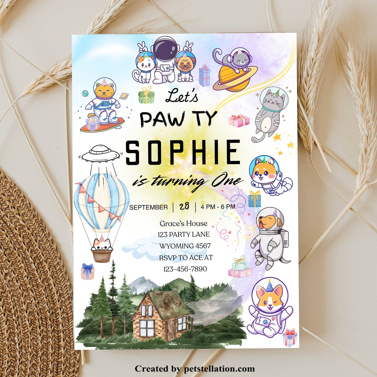 30C Editable Pet Birthday Cards – Canva Template with Space Theme Perfect for Cat and Dog Gotcha Days or Birthday Pawties