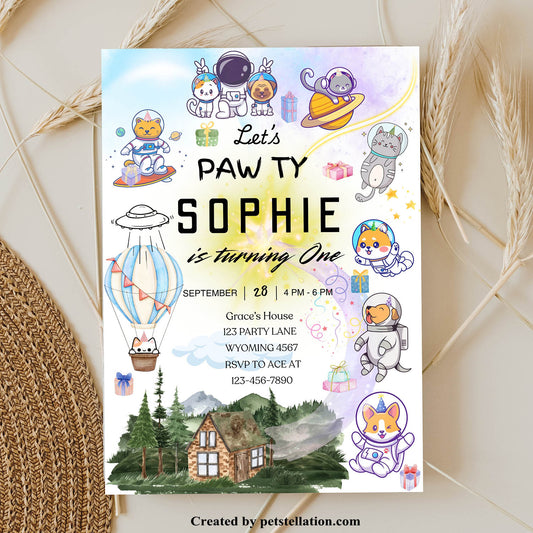 30C Editable Pet Birthday Cards – Canva Template with Space Theme Perfect for Cat and Dog Gotcha Days or Birthday Pawties