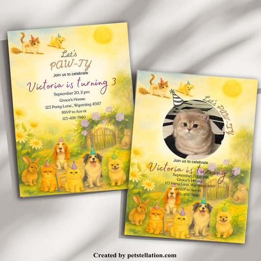 36A9-1 Lush Garden Birthday Card with Cat & Dog on Broomstick – Whimsical Canva Template for Pet Lovers