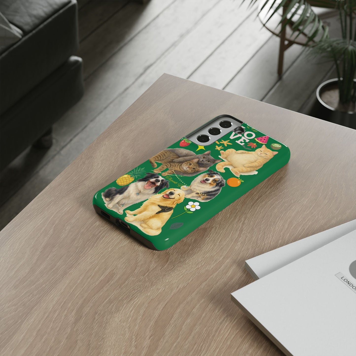 60A-10 Dog and Cat Printed Dual-Layer Phone Case In Dark Green – Glossy or Matte Finish – iPhone & Android Compatible